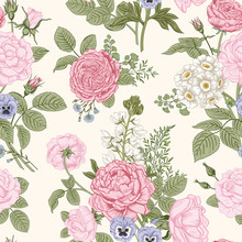 Seamless Pattern With Flowers. Blooming  Garden. Vector Illustration.