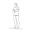 © MuhammadZulfan - Continuous line drawing of standing man corssing hand gesture. Vector illustration