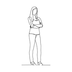 Wall Mural - Continuous line drawing of standing woman crossing hand gesture. Vector illustration