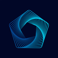Twisted colored spiral. Wireframe pentagon shape. Vector technology lines graphic element.