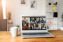 Using Zoom App For Distance Video Communication With Coworkers, Friends. People Profiles On Laptop Desktop. Online Meeting, Webinars