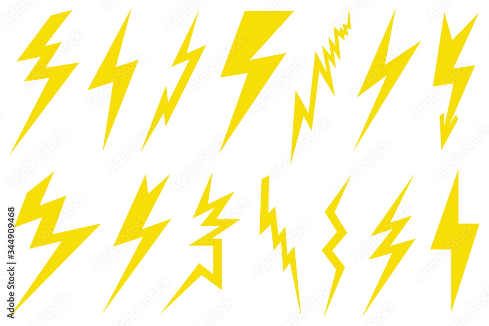 Illustration of different lightning bolts isolated on white - obrazy, fototapety, plakaty 