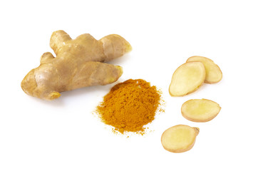 Fresh ginger root with sliced on white background for herb and medical product concept