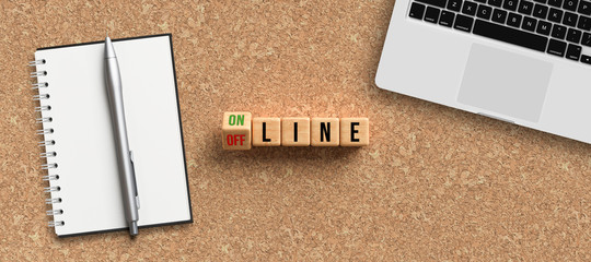 Wall Mural - cubes with message ONLINE and OFFLINE surrounded by office items on cork background