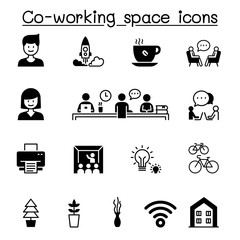 Wall Mural - Set of Co-working space & Startup related vector icons. contains such Icons as freelance, bicycle, office, work from home, computer, brainstorm, creative, idea and more.