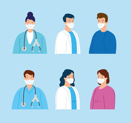 Wall Mural - group of medical staff and people sick using face mask vector illustration design