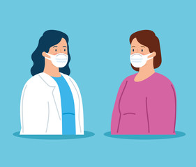 Sticker - doctor female with woman sick using face mask vector illustration design