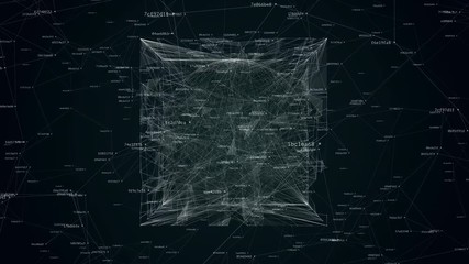 geometric chaos, abstract animation of digital noise, lines sphere and cube shapes
