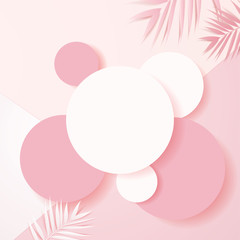 Wall Mural - minimal scene with geometrical forms. top view cylinder podiums in soft pink background with paper leave. Scene to show cosmetic product, Showcase, shopfront, display case. 3d vector illustration.