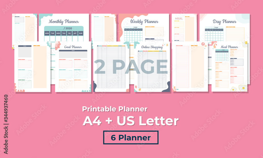 Minimalist planner, 2 pages, templates collection set of vector paper A4 and US Letter Ai, EPS 10 and PDF File - obrazy, fototapety, plakaty 