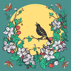 Naklejka na meble wreath of blossoming apple trees, the moon and a singing starling