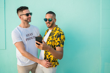 Wall Mural - Gay couple spending time together while using phone.