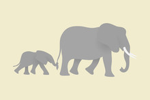 Mama Elephant Walking With Baby Together On Beige Background. Modern Vector In Simple Flat Style. Happy Mothers Day Concept. Family Of Grey Elephants. Save Wildlife