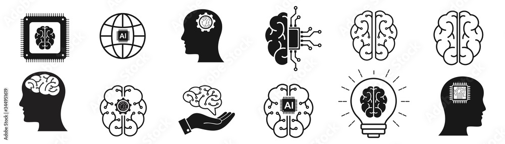 Artificial intelligence icon set. collection of brain, ai, head, machine, technology and more. vector Illustration  - obrazy, fototapety, plakaty 