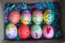 Box Of Beautifully Dyed, Coloured, Stamped, And Decorated Easter Eggs