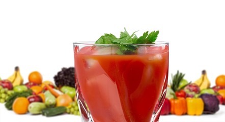 Poster - Colorful ripe vegetables and fruits and juice in a glass