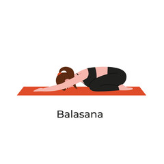 Young beautiful woman practicing yoga in balasana or child pose. Flat vector cartoon modern style illustration isolated white background.