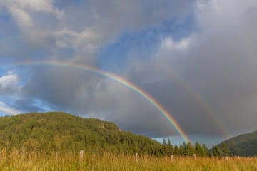  colored double rainbow over the mountain with green pines.