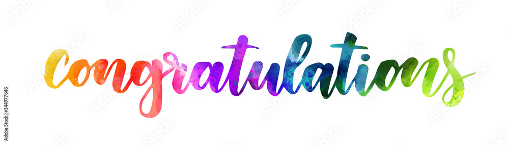 Congratulation - handwritten modern watercolor calligraphy inspirational text. Rainbow colored. - obrazy, fototapety, plakaty 