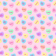 Candy Hearts Seamless Pattern - Pastel Rainbow Conversation Heart Candy Design For Valentine's Day	