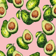 Wall Mural - Watercolor hand painted organic avocado illustration seamless pattern - wallpaper, wrapping paper 