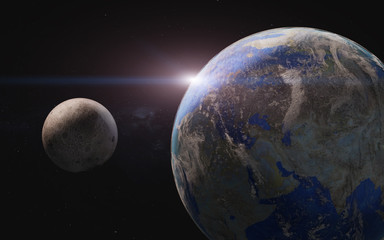 Wall Mural - planet earth and moon in the space wiyh lens flare. science fiction 3d render. elements of this imag