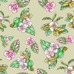 Seamless pattern of blooming apple branches with leaves on a light green background.