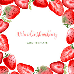 Wall Mural - Watercolor Strawberry fruit berry frame round border card. Modern color trendy strawberries template for label, banner, card design, poster, cover print
