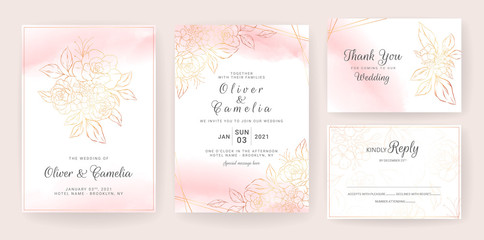 Gold lineart floral wedding invitation card template set with peach watercolor. Abstract background save the date, invitation, greeting card, multi-purpose vector