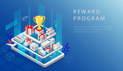 Isometric Reward Program And Cashback Concept. Website Landing Page. Big Smartphone And Tablet With Reward Program App, Gift Boxes, Purchases And Gold Cup On The Top. Web Page 3D Vector Illustration