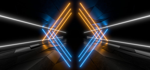 Wall Mural - Colored luminous geometric shape on a black background. Blurred reflection on the floor. 3d rendering image.