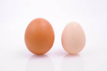 Close-up of standing brown and white chicken eggs