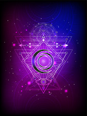 Wall Mural - Vector illustration of Sacred geometry symbol on abstract background. Mystic sign drawn in lines. Image in purple color.