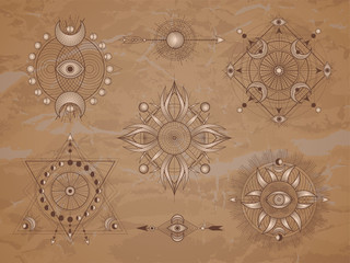 Wall Mural - vector set of sacred symbols with moon, eye, sun and geometric figures on old paper background. abst