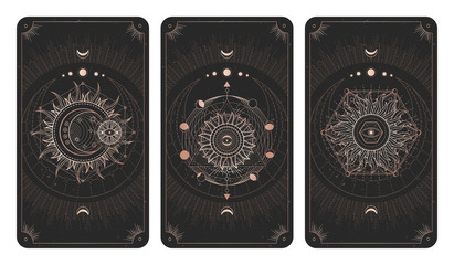 Vector set of three dark illustrations with sacred geometry symbols, grunge textures and frames. Images in black and gold colors.