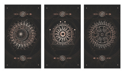 Wall Mural - vector set of three dark illustrations with sacred geometry symbols, grunge textures and frames. ima