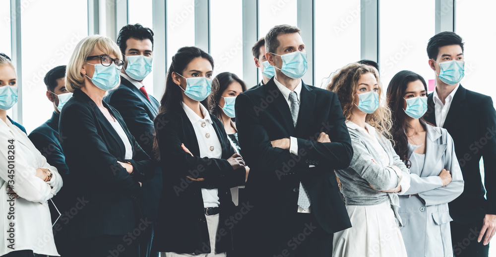 Confident business people with face mask protect from Coronavirus or COVID-19. Concept of help, support and collaboration together to overcome epidemic of Coronavirus or COVID-19 to reopen business. - obrazy, fototapety, plakaty 