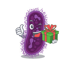 Poster - Smiling lactobacillus rhamnosus bacteria cartoon character having a green gift box