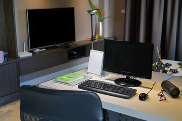 table work with desktop pc computer on desk inside room of business home office