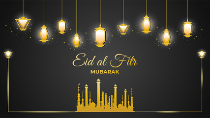 Wall Mural - Eid Al-Fitr Design with Mosque and Golden Lanterns