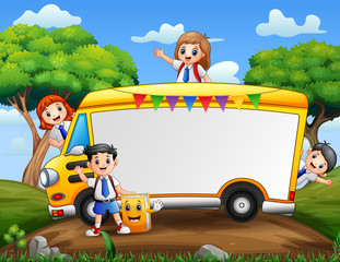 Wall Mural - Border template with school children on the car