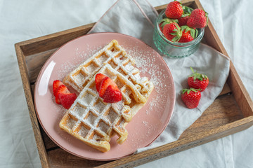 Wall Mural - home made sweet Belgian waffles with strawberries 