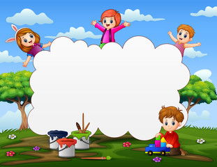 Wall Mural - Frame template with happy kids playing on nature