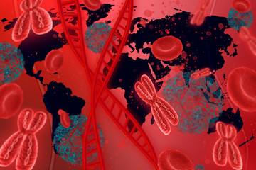 COVID-19 infection concept, Pandemic 2020, human DNA molecule with coronavirus on world map background, red background