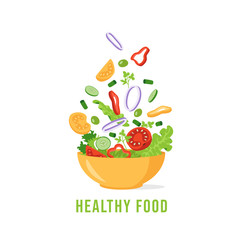 Green salad of fresh vegetables. The concept of organic healthy eating. Tomato, cucumber, lettuce, parsley, olives, onions, bell pepper. Isolated vector illustration in flat style.