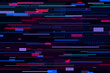 Blue canvas with scattered violet, purple, pink, colorful stripes, rectangles, shapes on it. Glitch, noise, mush, interference effects. Futuristic, space, cybernetic, modern background. Chaos concept