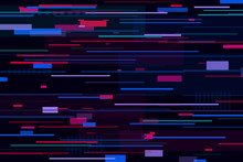 Blue Canvas With Scattered Violet, Purple, Pink, Colorful Stripes, Rectangles, Shapes On It. Glitch, Noise, Mush, Interference Effects. Futuristic, Space, Cybernetic, Modern Background. Chaos Concept