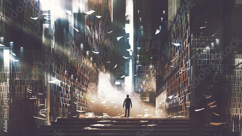 Fotografía man standing in a mysterious library, digital art style, illustration painting