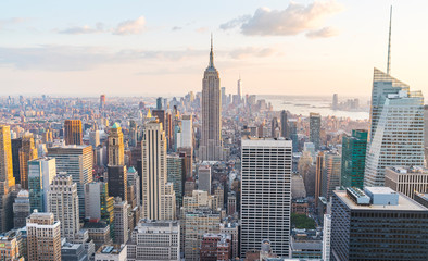 New York city skyline at sunset.