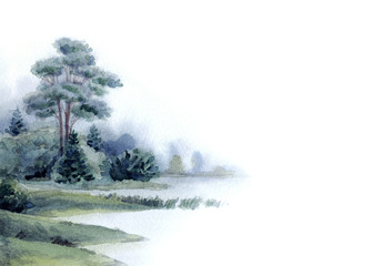 Watercolor landscape. Tree by the lake